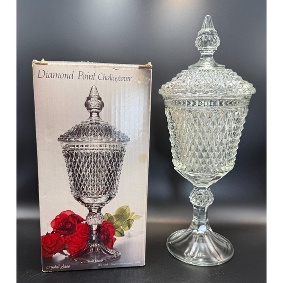 Indiana Glass Other - Vtg Indiana Glass 15.75 in Diamond Point Lidded Apothecary Jar Chalice Orig Box